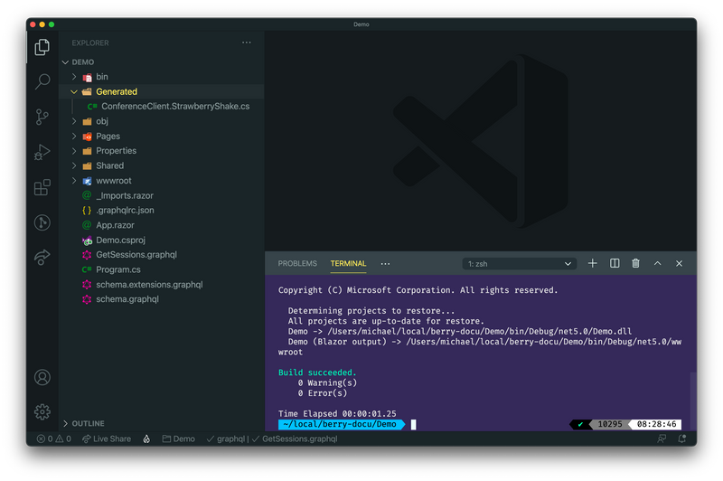 Visual Studio code showing the generated directory.