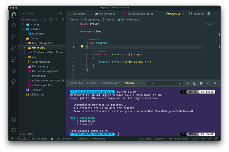 Visual Studio code showing the generated directory.
